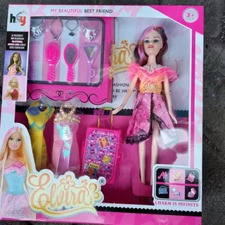 Mainan anak perempuan princes boneka cewek cantik - accesories LENGKAP koper baju sisir cermin bando kalung ELVIRA BOX KOPER