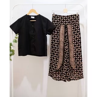 ONESET WANITA SETELAN CELANA BAJU KEMEJA HITAM SETELAN SANTAI KEMEJA LENGAN PENDEK ONE SET BATIK KULOT KASUAL CULLOTE PANTAI