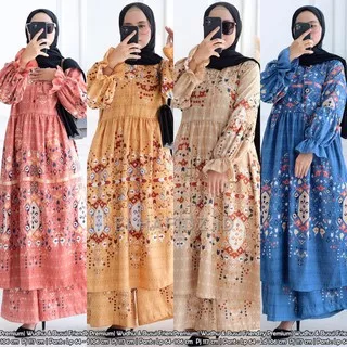 Hijab Sisters Erinka One Set Jumbo Premium Motif Print / Setelan Muslim Wanita LD 110 / Stelan Long Tunik Busui