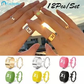 12Pcs/Set Korean Hollow Butterfly Couple Ring Set Fashion Colorful Star Moon Gold Rings Letters Finger Ring for Women Accessories Jewelry Gift