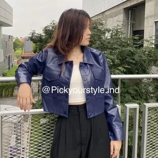 jaket kulit crop leather jacket lengan panjang leather blazer wanita casual kancing jas