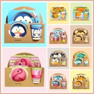 Set Peralatan Makan Anak 5 in 1 Tableware Bamboo Motif Kartun Hewan / 5 IN 1 Set Alat Makan Anak Dengan Variasi Desain Karakter Lucu Piring Makan Anak Piring makan balita / Bamboo Feeding Set