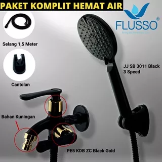 FLUSSO PAKET LENGKAP Shower Set Komplit + Keran Double Black Gold Kuningan / Shower Mandi Set Kran Double Cabang / Shower Set Kran Air TERMURAH 780