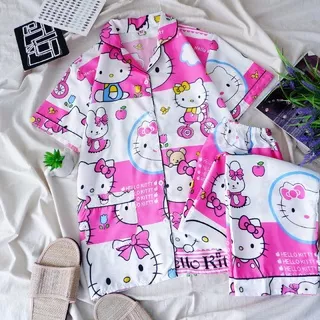 COTTONBELLS BAJU TIDUR WANITA KITTY PINK CAT SET LONG PAJAMAS - P 300