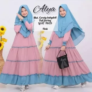 Gamis Remaja Perempuan Umur 10 11 12 13 14 15 Tahun Alya Syari Set Hijab Gamis Tanggung Bahan Ceruty Babydoll Full Furing Pakaian Muslim Anak Perempuan Baju Muslim Anak Kekinian