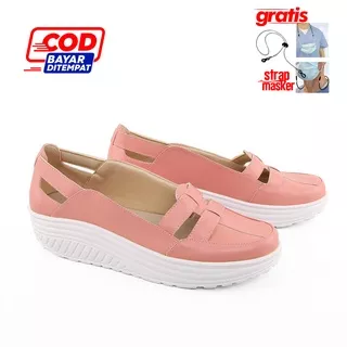 [New] Catenzo Sepatu Sandal Wedges Wanita Slip-On Casual Original Bahan Kulit Sintetis Pink / Sandal Wanita Terbaru GRATIS STRAP MASKER KS 897