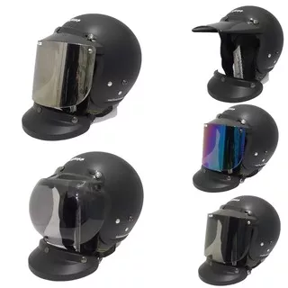 HELM CARGLOSS RETRO Hitam Doff set plus dengan kaca datar kaca cembung