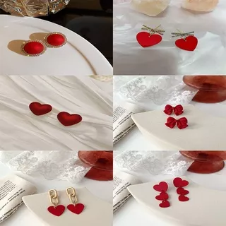 6 styles of red bow love heart diamond-painted women`s earrings earrings Korean fashion jewelry festive lucky accessories