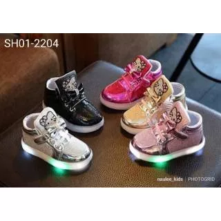 21-35. LED SHOES HK RIBBON GLITTER HOT SOFT PINK GOLD BLACK SILVER SEPATU LAMPU BOOT ANAK CEWEK