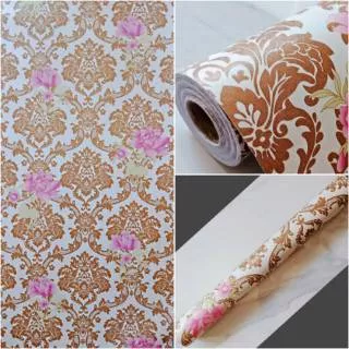 Wallpaper dinding murah ruangan tamu batik gold bunga pink cream minimalis elegan cantik indah