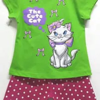 Kaos SETELAN baju anak cewek karakter MARIE THE CAT  HIJAU size 1-6 katun lembut