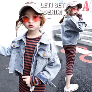 LETI SET DENIM / BAJU SETELAN JEANS ANAK PEREMPUAN KOREA IMPOR / SET DRESS JAKET JEANS ANAK REMAJA