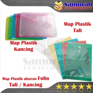 Map Plastik Kancing Folio Punggung Per Lusin / Map Plastik Tali ukuran F4 Transparant Clear isi 12 Pcs / Warna Transparant Bening - Biru - Merah - Kuning - Hijau
