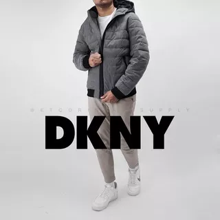 DKNY Basic Quilted Hoodie Bomber Jacket Dark Grey