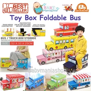 Toy Box Bus Storage Box Car Cartoon Kotak Mainan Organizer Tempat Penyimpanan Mainan Storage Stool Foldable Souven Police Ambulance Bus School Ulang Tahun Anak