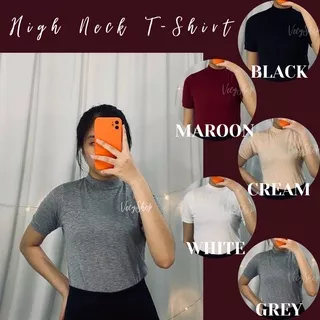 [VecyShop] High Neck T-Shirt Black/Maroon/White/Grey/Cream #VC13
