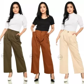 Celana Kulot Wanita Panjang Model Pinggang Karet Belakang Warna Hitam Putih Bahan Premium Quality Celana Kulot Panjang Wanita Celana Panjang Cewek Bahan Katun