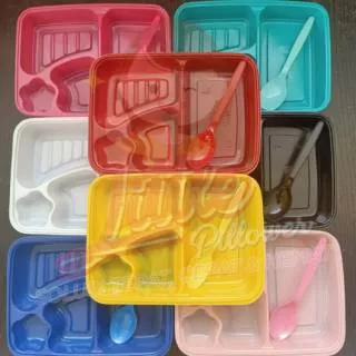 (ISI 25PCS - 4S + SENDOK) MIKA BENTO + SENDOK MAKAN aneka warna / tray bento / lunch box mika bento