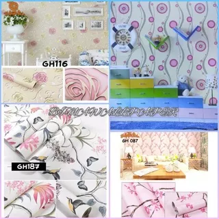 WALLPAPER BUNGA PREMIUM STIKER DINDING MOTIF BUNGA PINK POLKADOT PINK GARIS