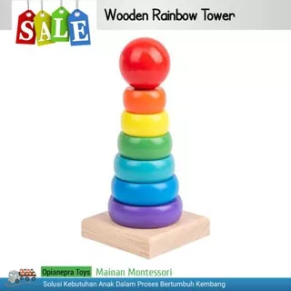 ONTY Wooden Rainbow Tower - Mainan Montessori Puzzle Menara Pelangi - Mengasah Kreatifitas Anak