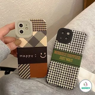 Vintage Houndstooth Knitting Smliey Phone Case for IPhone Xr 7Plus 8Plus X XS 13 11 12 Pro Max Anti-shatter Soft Faux Leather Back Shell