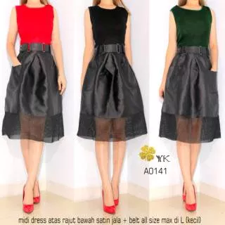 YUEKI 0141 sale mini dress aline atas rajut bawah satin jala import premium hitam merah hijau