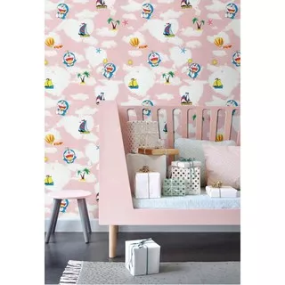 COD TERMURAH {BAYAR DI TEMPAT} WALLPAPER DINDINF MOTIF DORAEMON PINK SIZE 45 CM X 10 METER