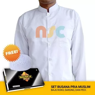 Paket Ibadah! Set Busana Muslim Pria Dewasa: Baju Koko Putih, Sarung Wadimor, dan Peci Rajut Putih