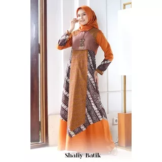 Allyn Gamis Batik Shafiy Original Modern Etnik Jumbo Kombinasi Polos Tenun Terbaru Dress Wanita Big Size Dewasa Kekinian Cantik Kondangan Muslim XL