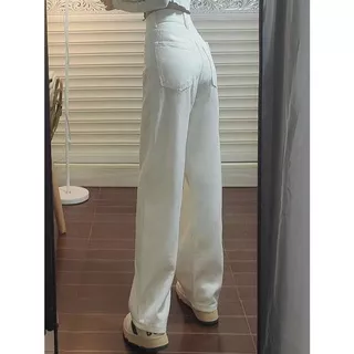 Celana Panjang Model Longgar Lurus High Waist Gaya Korea Casual Bahan Jeans Untuk Wanita