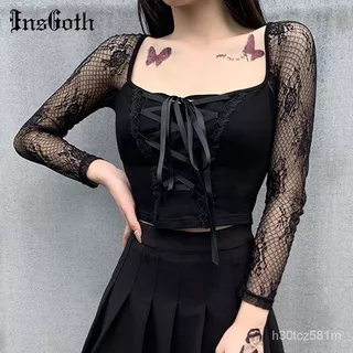 InsGoth Vintage Elegant Black Lace Up Gothic Top Sexy Mesh See Through Long Sleeve Top Women Autumn 