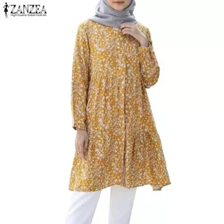 ZANZEA Women Casual Long Sleeve Ruffles Hem Retro Printed Muslim Blouse