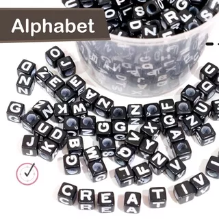 Mote/Manik Manik/Beads - Alphabet Kotak/Kubus (Huruf Abjad Hitam Putih)