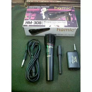 Mic Homic HM-308 Microphone Single Wireless  2in1 Wireless dan Kabel