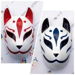 Kitsune Fox Rubah 01 Mask Topeng Kayu Cosplay Anime Jepang Red Merah Blue Biru