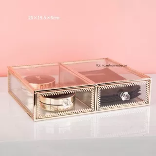 CLAIR 2 DRAWER STORAGE BOX - makeup organizer/ gold organizer/ gold drawer/ glass organizer