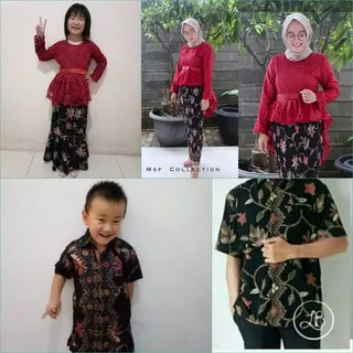 Couple Family Stelan Kebaya Tika Brukat Ibu Anak dan Kemeja Batik Ayah Anak