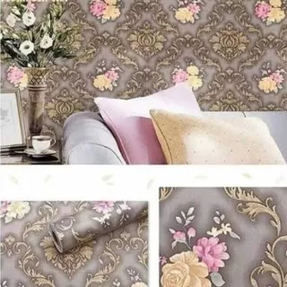 Wallpaper dinding murah dekor ruangan hitam batik gold bunga mawar kuning bagus elegan 10 m x 45 cm