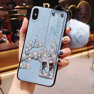 Case Samsung A8 Star M30 M30s A8 A8+ A9 2018 A80 A2 Core Grand Prime J2 J5 J7 Prime J3 J5 J7 Pro Note 9 Note 8 S8 S9 S8+ S9+ Glitter Magnolia Flower Hand Grip Wristband and Hairball  Phone Case