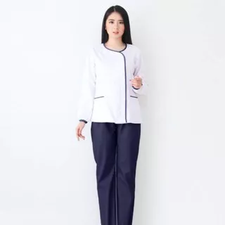 Baju Suster Lengan Panjang Zoe White Navy Long / Seragam Suster / Baju Baby Sitter / Baju Klinik