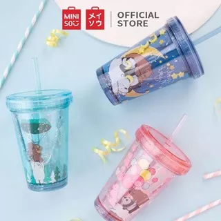 MINISO Botol Minum Tumbler Tempat Air Minum Sedotan Straw 320ml We Bare Bears Water Bottle Tumblr Wadah Penyimpanan Anak Perempuan Laki Sekolah Travel Sport Olahraga Plastik Transparan Lucu Karakter Motif Portable Ringan Double layer