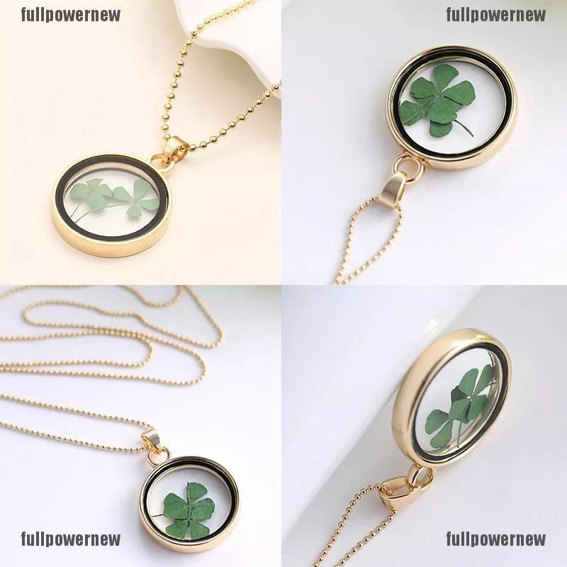 ?COD?FLID Natural Real Dried Clover Flower Clear Resin Locket Pendant Necklace Four-Leaf