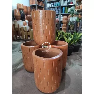 Pot Terracota Tabung Motif Hujan / Pot Tanah Liat / Pot Tanaman / Clay Pot