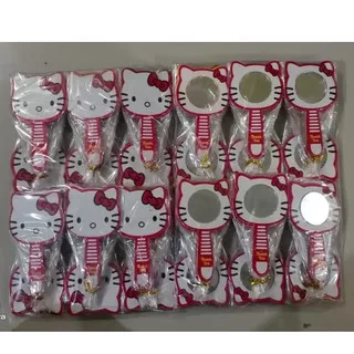 Souvenir Kaca Cermin Gagang Karakter Hello Kitty Packing Plastik dan Ikat Kawat Warna