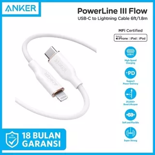 Kabel Charger Anker PowerLine III Flow Usb Type C to Lightning Cable MFi Certified Fast Charging PD QC Power Delivery 20W 18W 30W for Apple iPad iPod iPhone 11 / 12 / 13 / Pro / Pro Max / Mini / X Xr Xs Xs Max Fast Charge 6ft 1.8m - A8663 / 3ft 0.9m A8662