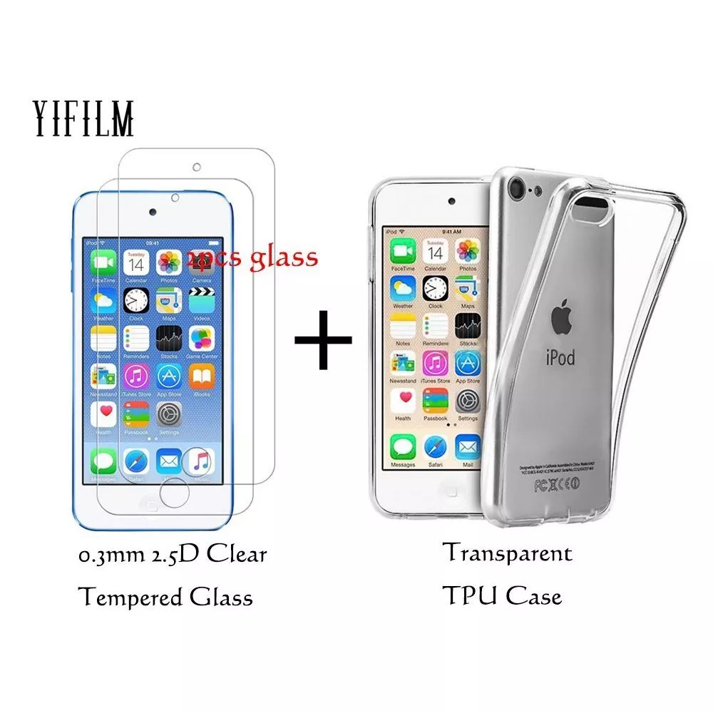 Apple iPod Touch 6th Gen 5th Touch 7 Transparent TPU Back Cover Case 9H 0.3MM 2.5D Tempered Glass