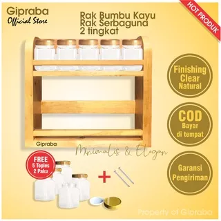 Rak Bumbu Kayu Perlengkapan Dapur Perabotan Rumah Rak Dinding Serbaguna Tempat Kosmetik Makeup Kayu 2 Susun Tingkat Free Toples Rak Gantung Ambalan Jati Belanda