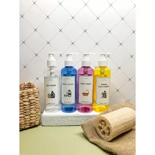 HOME LIVING 250ML Botol PUMP plastik + STICKER label WATERPROOF 8x4,5cm - stiker organizer kitchen/toiletries/daily home cleanser - paket botol stiker