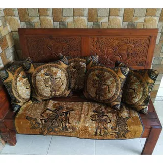 Sarung bantal kursi 40x40 set Taplak meja tamu / motif batik klasik WAYANG BULAT BIRU LAUT