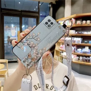 2021 Baru Case hp Samsung Galaxy A22 A32 A52 A72 A42 A12 A02S A02 M32 M02 M12 S21 S21Plus S21Ultra Casing Bling Glitter Flowers Soft TPU with Wrist Band and Adjustable Crossbody Lanyard Strap Cover Kesing Ponsel SamsungA22 5G